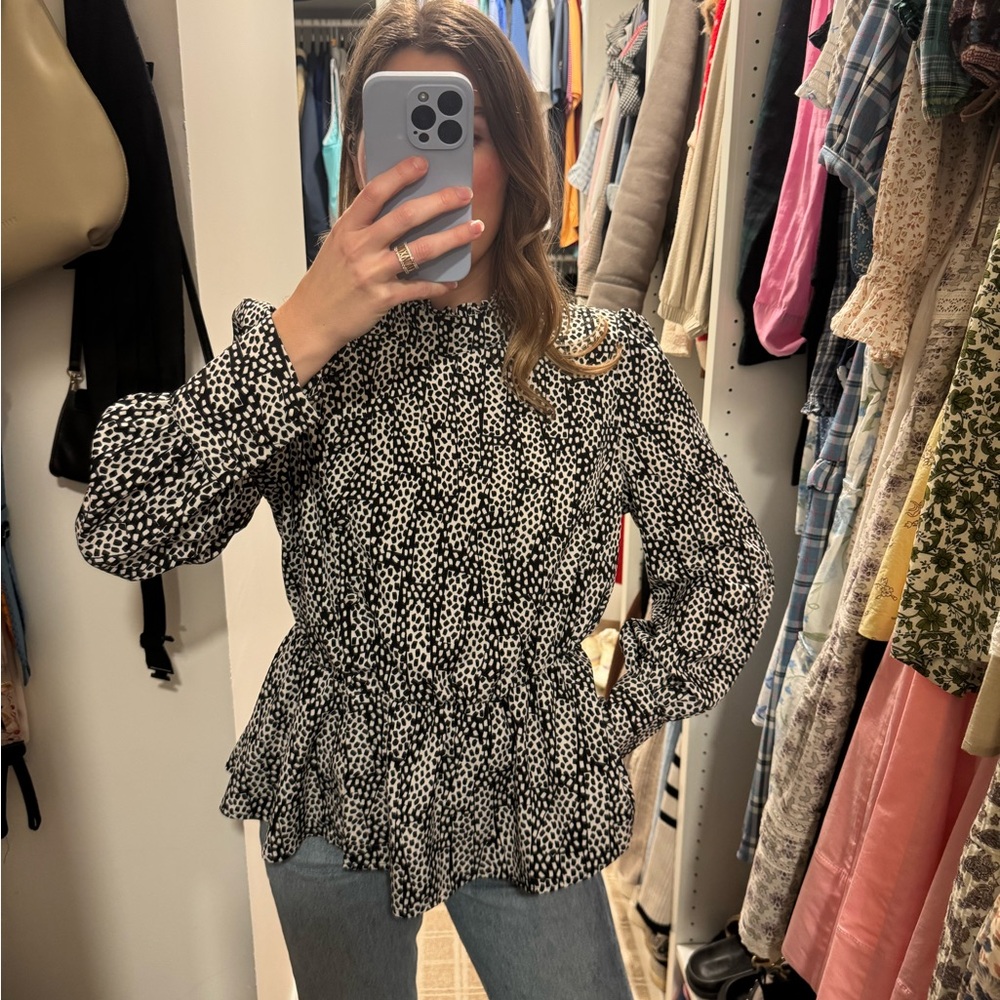 Black & White Patterned Button Up Blouse Top